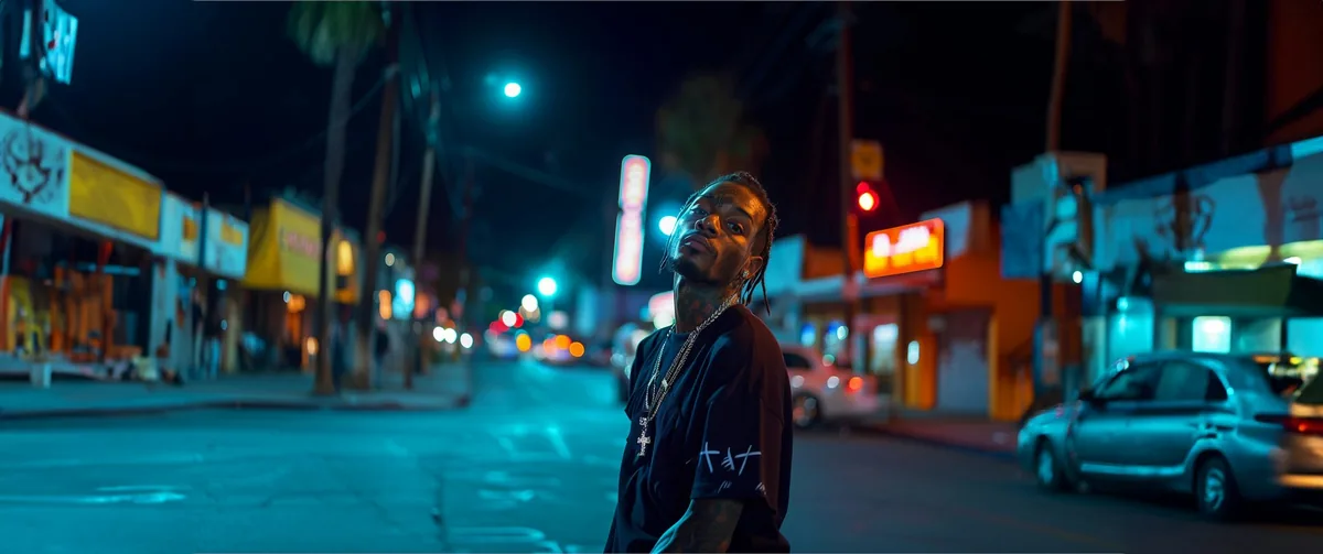 A young man standing on a neon-lit street at night