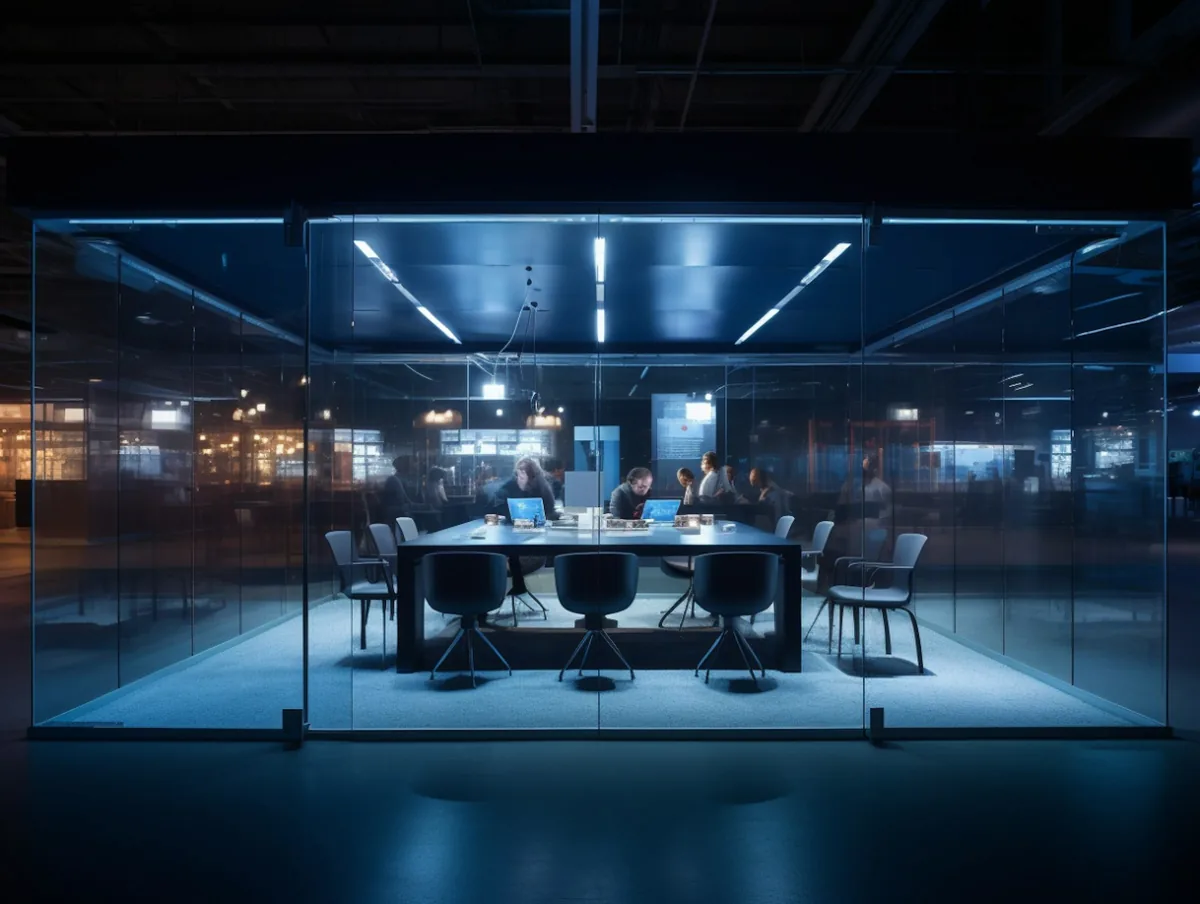 A modern glass-walled meeting room lit at night