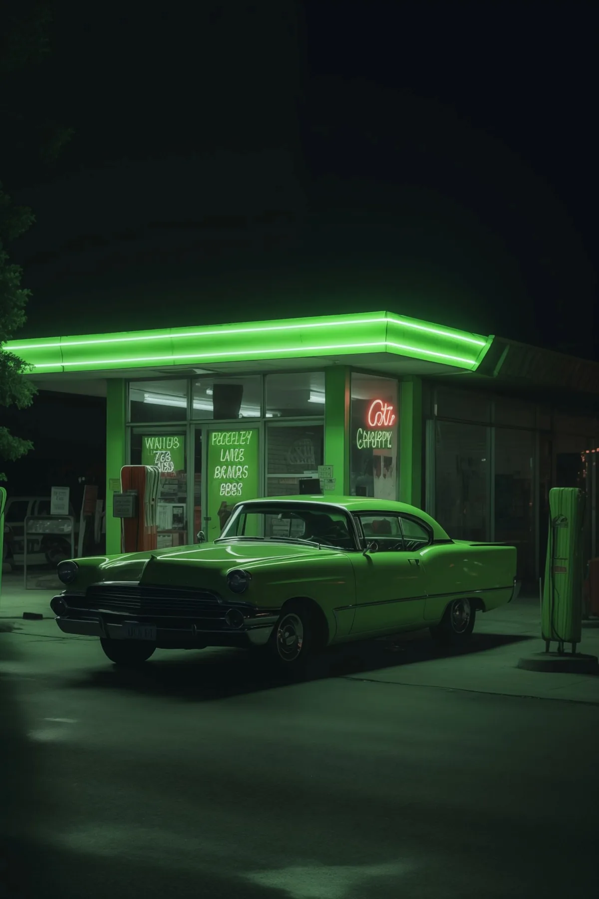 A green classic car in front of a neon-lit petrol station