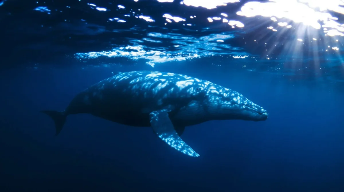 A whale swimming in blue water with light filtering through