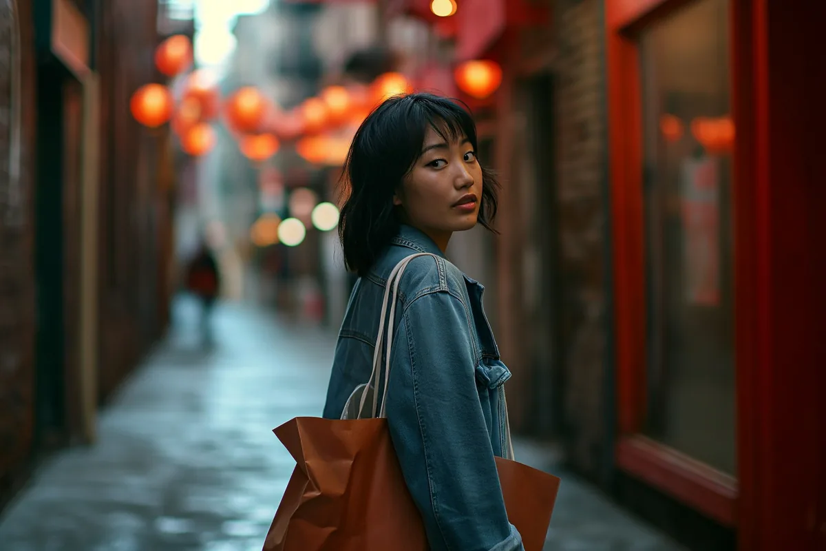 A woman standing in a narrow alley lit by red lanterns