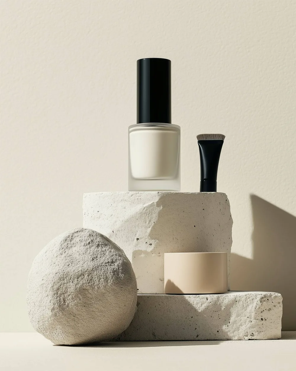 White cosmetic bottles arranged on stone blocks