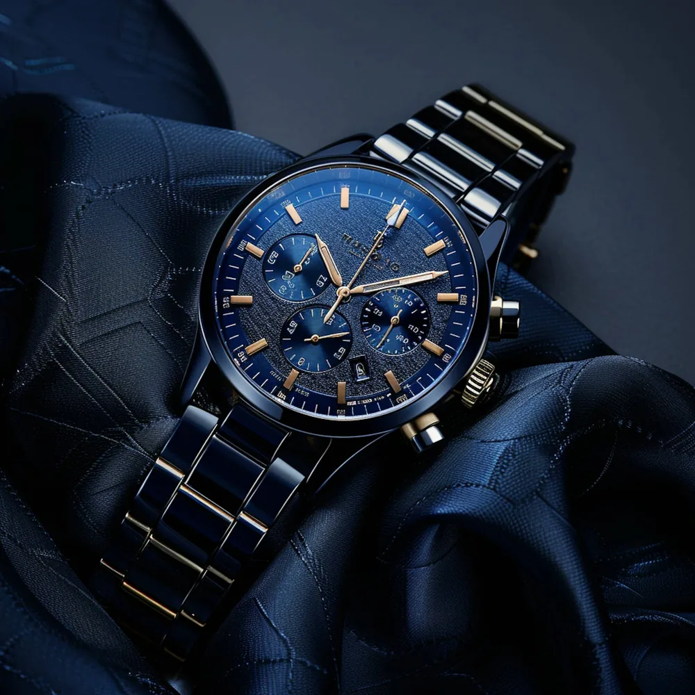 A blue wristwatch resting on navy fabric