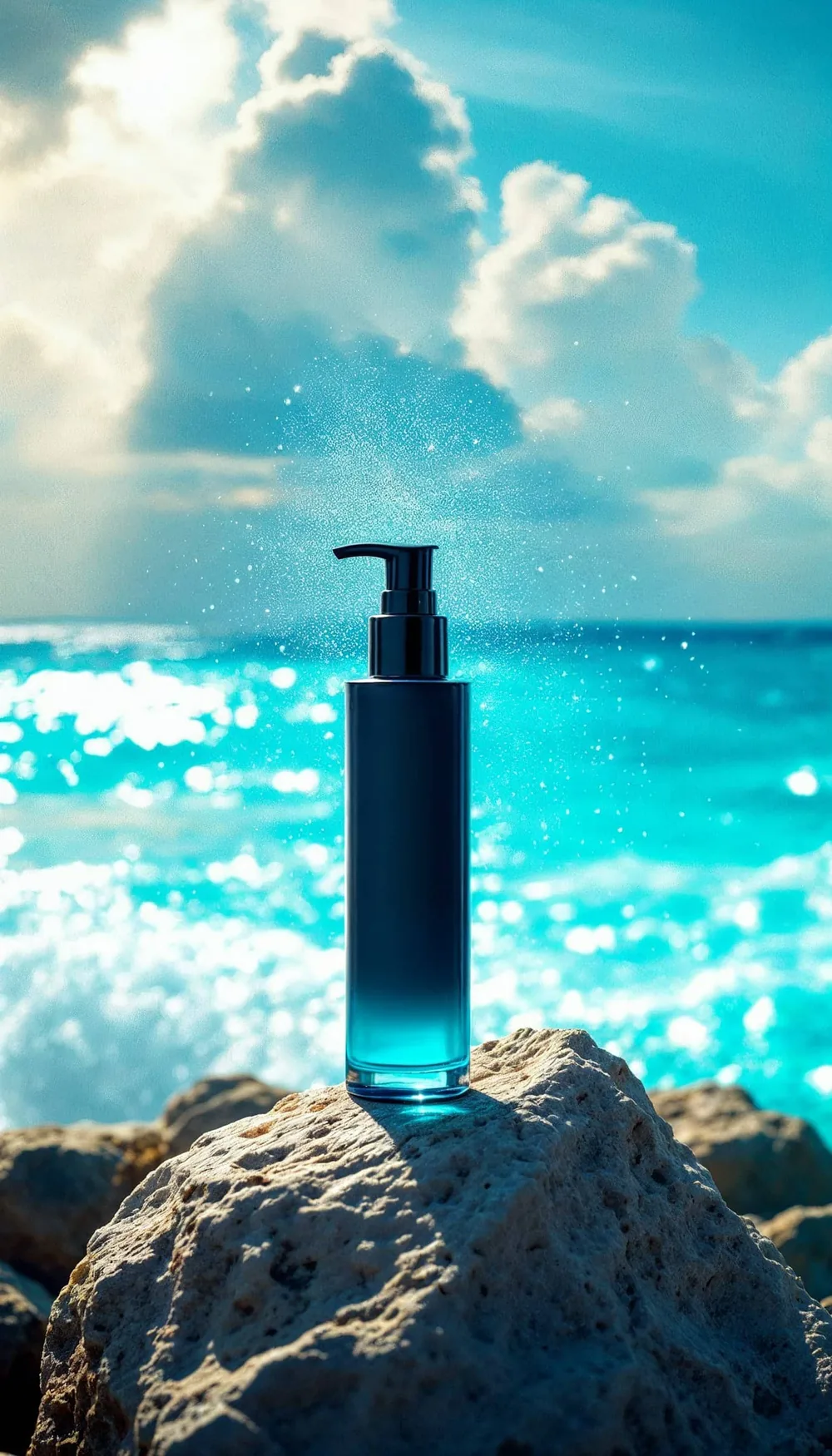 A black bottle on a rock in front of a turquoise sea