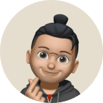 Illustrated portrait of a person with a top knot and round glasses
