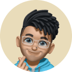 Illustrated portrait of a person with curly black hair, glasses and a blue shirt